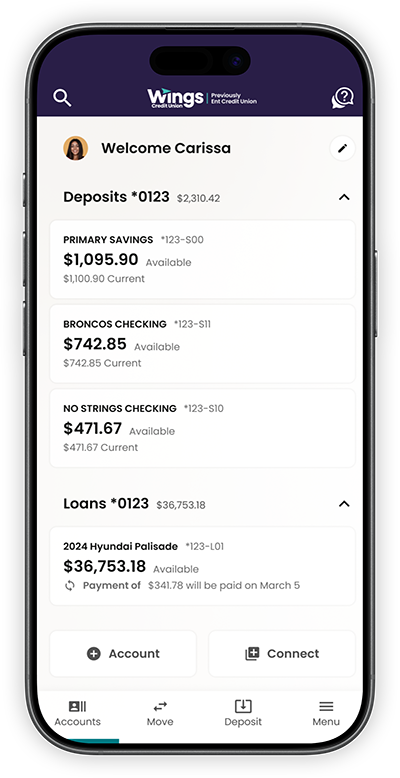 Phone mockup of Wings mobile app