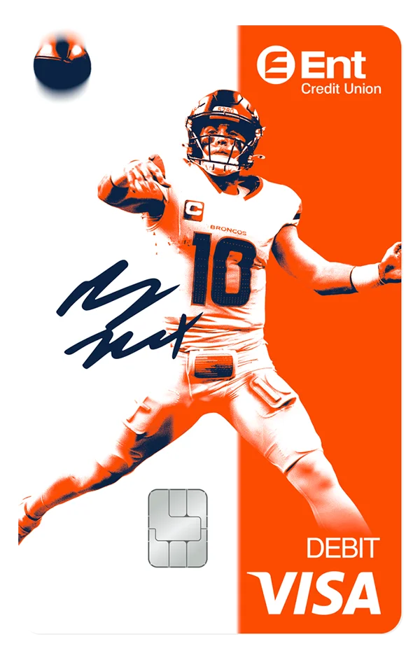 Image of Ent Credit Union debit card for Broncos Checking featuring Denver Broncos quarterback Bo Nix.