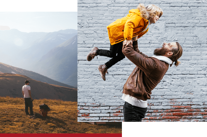 Stacked image: Bottom image man camping on mountain side in orange tent. Top image bearded hipster man laughing and holding child in the air.