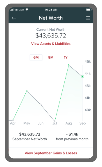 Ent's Money Insight. A screenshot of the net worth tool on a mobile phone.